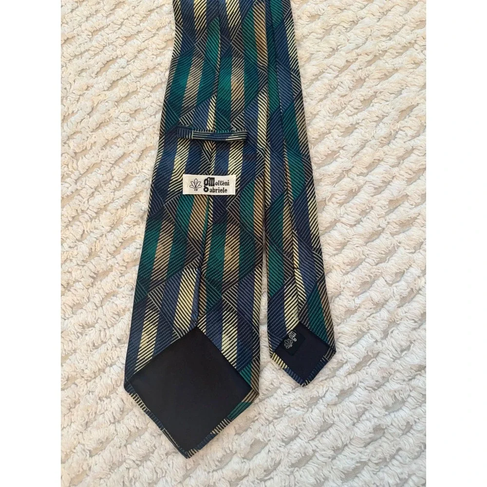 Molteni Gabriele Mens Silk‎ Tie Geometric Diamond Pattern Green Blue Gold Italy